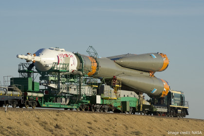 Soyuz rocket being transported to the launch pad