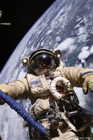 You will float in open space, tethered to the International Space Station